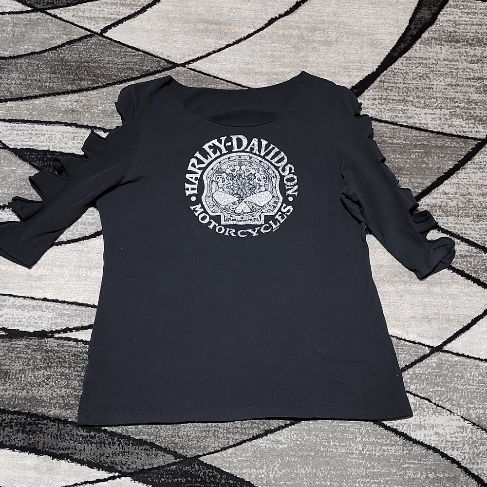 HARLEY DAVIDSON 2018 GLITTER WILLIE G SKULL BLACK CUT-OUT 3/4 SLEEVE TOP XL